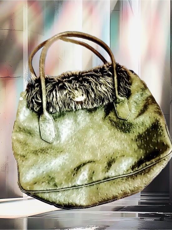 LYDC London Handbags - Olive Green Faux Snakeskin &  Faux Fur Women's Bag